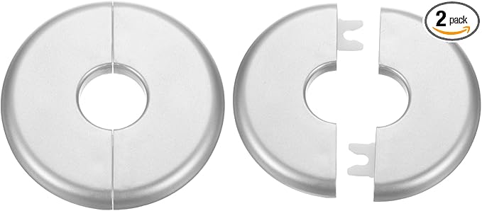 HARFINGTON 2pcs Wall Split Flange 22.5mm/0.9" Self-Adhesive Plumbing Cover Plates ABS Plastic Round Escutcheon Plate Buckle Design for Water Pipe Bathroom Kitchen Decoration, Silver Tone