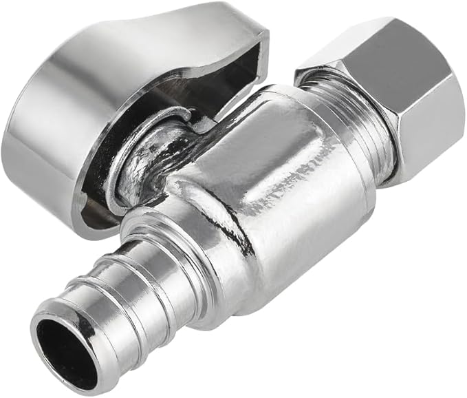 Pro 15-Pack EFIELD 1/4 Turn Straight Stop Valve 3/8" OD Compression x 1/2" Pex Crimp, Chrome Plated Brass, Heavy Duty,(VALVE377)