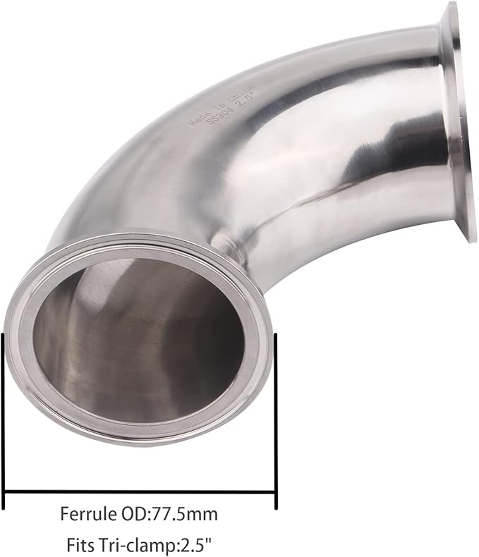 DERNORD Sanitary Ferrule Elbow 90 Degree Pipe Fitting with 2 Pieces Silicone Gasket SS304 Tri Clamp (2-1/2" Tube OD)