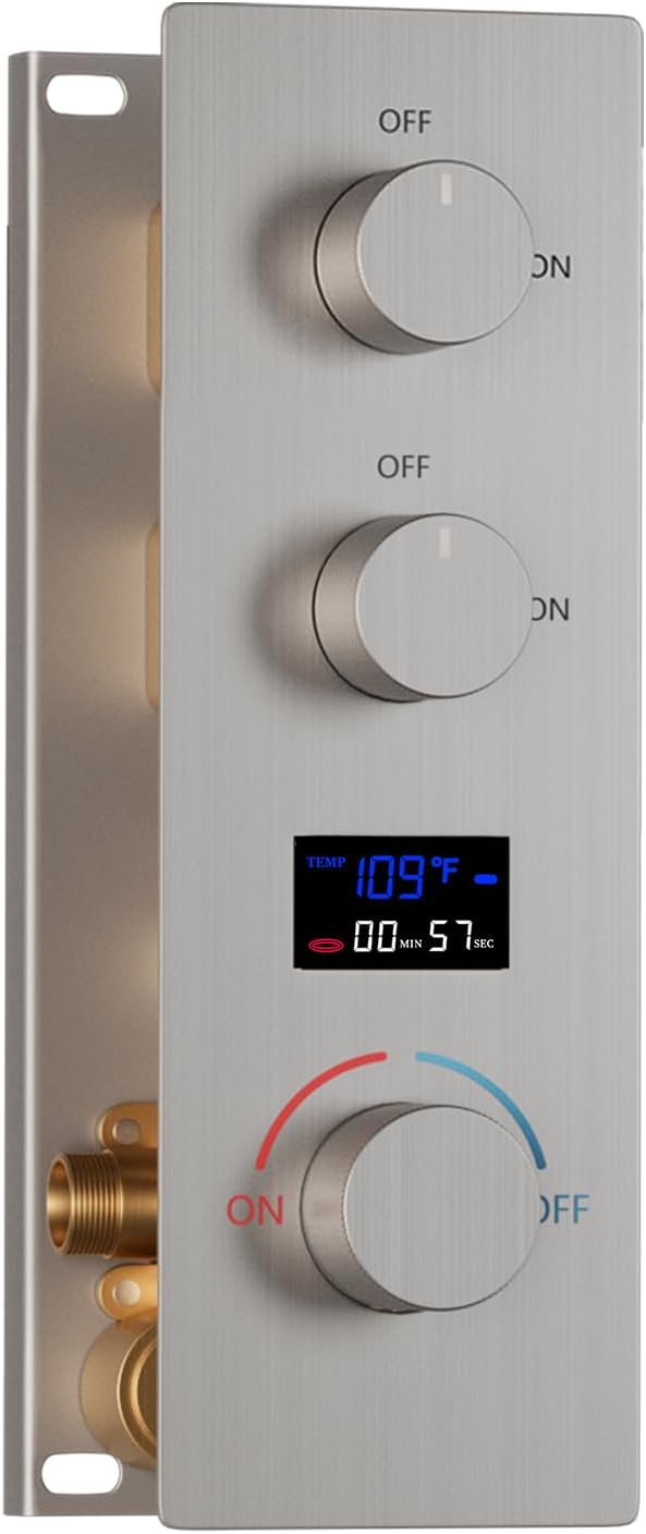 Concealed Mount Brass Shower Valve, Digital Temperature Display, Flow Control Mixing Valve, 2 Function, Brushed Nickel