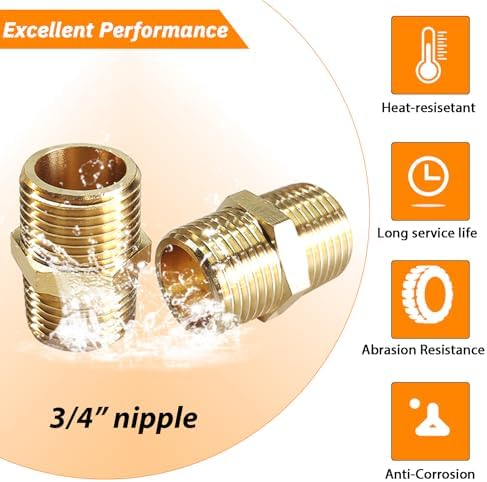 2PCS Hex Brass Nipple 3/4" NPT Male X 3/4" NPT Male Pipe Fitting 3/4 inch Brass Nipples Male Pipes Adapter Fittings Heavy Equal Nipples Connectors