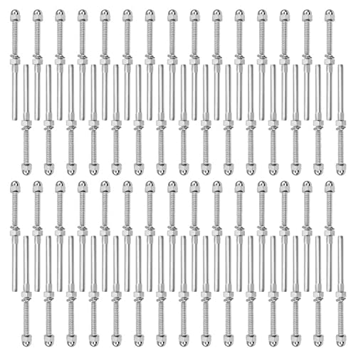 CKE 60 Pack Cable Railing Kit Hand Swage Threaded Stud Tensioner for 1/8" Cable for 2x2 Wood/Metal Post Deck Stair Cable Railing Hardware Terminal, T316 Stainless Steel Cable Railing Tensioner CR06