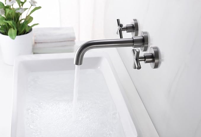 sumerain Wall Mount Bathroom Faucet Nickel,Cross Handles and Rough-in Valve Included