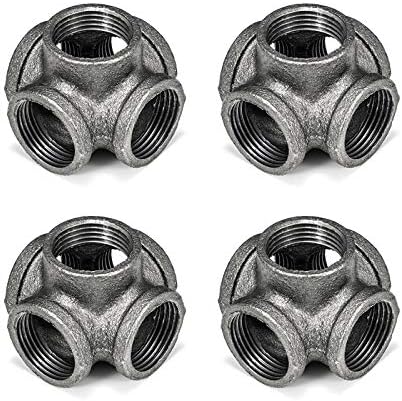 3/4" 5-Way Side Outlet Tee, Home TZH 4-Pack 5-Way Corner Gray Malleable Cast Iron Pipe Fitting for Industrial Pipe, Furniture and DIY Decoration (4, 3/4")