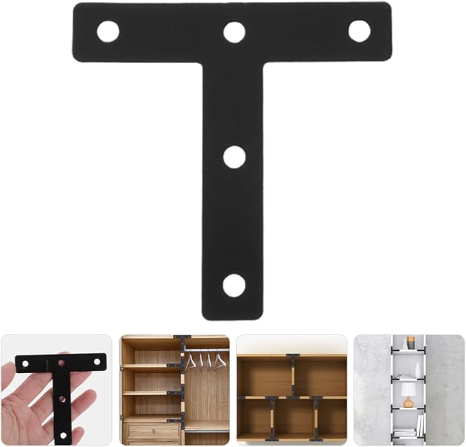 30pcs Black T-Shaped Corner Support Brackets Cold-Rolled Steel Flat Braces for Wood Furniture Repair Mending Plates Shelf Frame Reinforcement