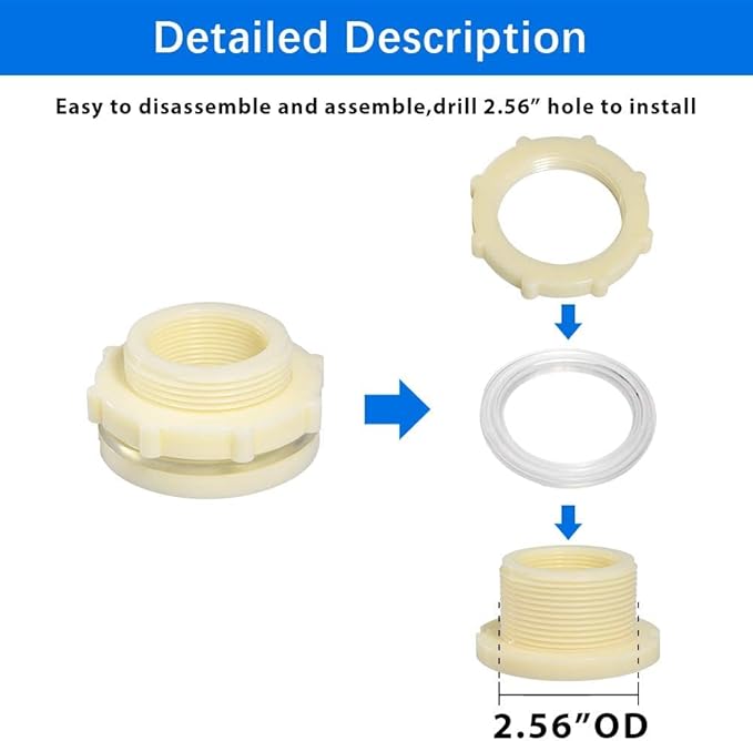 Quickun 1-1/4" ABS Bulkhead Water Tank Connector Adapter Fitting Thru-Bulk Pipe Fitting (Pack of 2)