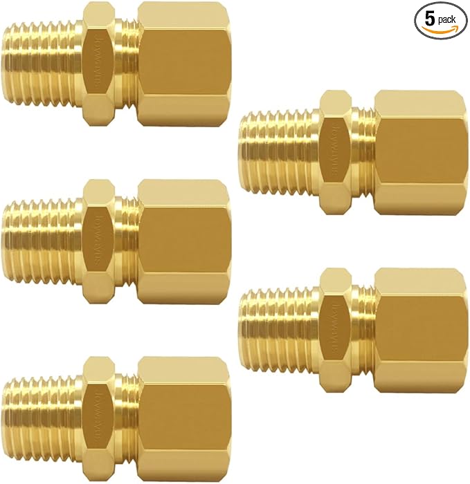 Joywayus Brass 1/4" NPT Male x 3/8" Tube OD Compression Tube Pipe Fitting Union Connector (Pack of 5)