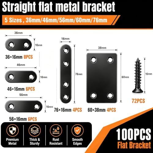 100PCS Flat Plate Straight Bracket,36mm/46mm/56mm/60mm/76mm Flat Brace Bracket, 5 Sizes Stainless Steel Metal Brace Bracket for Wood