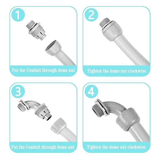 50FT NPT 3/4 Inch Liquid Tight Connector Non-Metallic PVC Electrical Flexible Conduit Fittings, UL Listed - with 5 Straight, 3 Curved and 1 Double-Port Connector