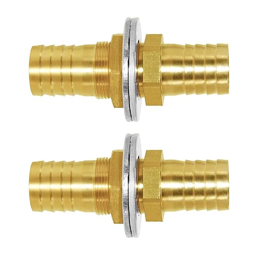 Joywayus 5/8" Hose Barb Thru-Bulk Head Hex Union Brass Fitting with Flat Washer Gasket Water/Fuel/Air (Pack of 2)