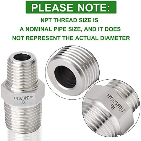 TAISHER 5PCS 304 Stainless Steel Hex Nipple, Reducer Pipe Fitting 1/2-Inch Male Pipe x 3/8-Inch Male Pipe
