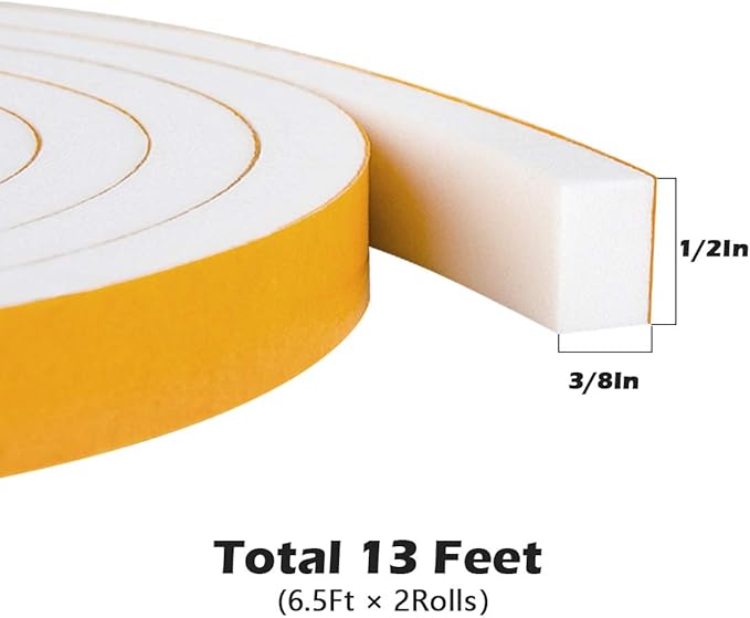 White Weather Stripping for Doors Windows, Closed Cell Windows Sealing Tape Neoprene Foam Rubber Seal Strip Gasket Tape 1/2" Wide X 3/8" Thick, 6.5 Ft X 2 Rolls, Total 13 Feet