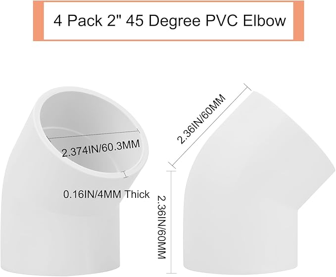 4Pack 2" 45 Degree PVC Elbow Pipe Fitting Connector (Socket x Socket) Furniture Build Grade SCH40 2 Inch 45 Degree Elbow PVC Corner Adapter for Home Sewer Plumbing Water Line
