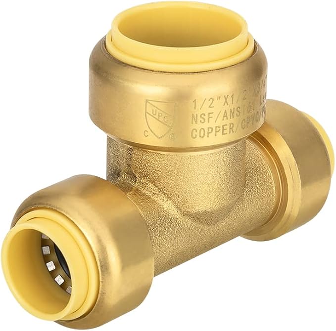 Push-Fit Fitting Tee 1/2" x 1/2"x 3/4” to Connect Pex, Copper, CPVC Pipe with Two Size Disconnect Tool Clips,(PF134),(PF134)