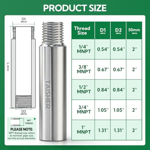 TAISHER 2Pcs 316 Nipple Cast Pipe,1/4"Male NPT x 1/4"Female NPT, 2"(L)