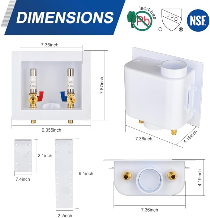 EFIELD Universal Washing Machine Outlet Box, 1/2-inch Pex-A Expansion Fitting Connection With Stainless Steel Water Hammer Arrestor, Center Drain,(WM053)