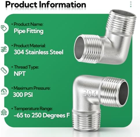TAISHER 2PCS 304 Stainless Steel 90 Degree elbow,1/2" NPT Male × 1/2" NPT Male Thread Pipe Fitting