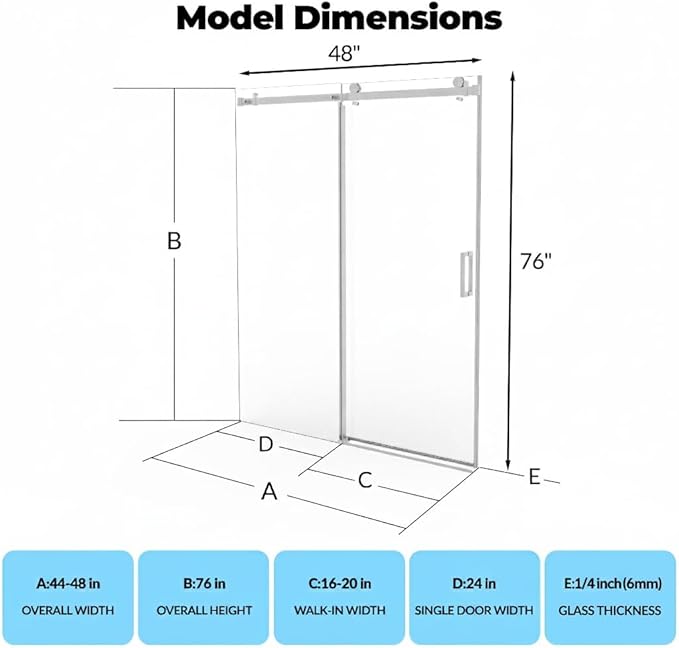 Frameless Sliding Shower Door Enclosure - 44 to 48 Inch Adjustable Width x 76 Inch Height, 6mm Coated Tempered Safety Glass with Easy Clean, Square Stainless Steel Rail, Brushed Finish