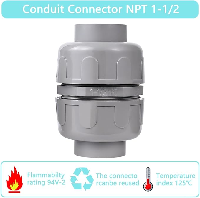 (3Pcs) NPT 1-1/2 inch Liquid-Tight Connector,PVC Flexible Conduit Double-Ended Connector,Straight 180 Degree,Two-Way Conduit Connector,Electrical Conduit Fittings