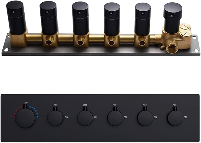 AYIVG 6 Outlet 5 Functions Brass Shower Diverter Thermostatic Valve Pressure Balanced Mixer with Trim Can Use All Function At a Time Flow Can Be Controlled Matte Black