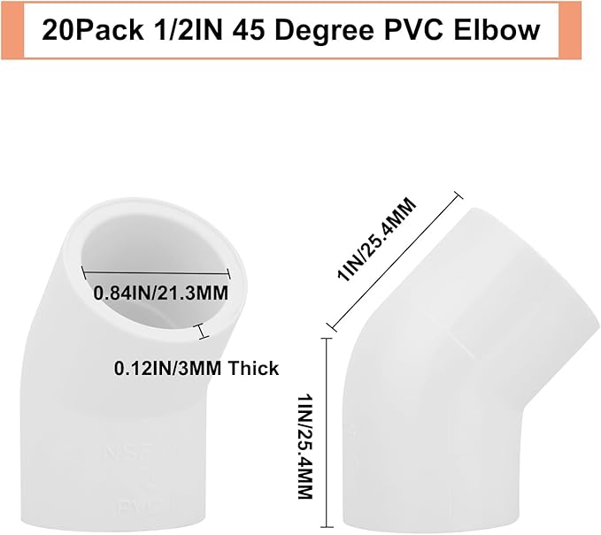 20Pack 1/2" 45 Degree PVC Elbow Pipe Fitting Connector (Socket x Socket) Furniture Build Grade SCH40 1/2 Inch 45 Degree Elbow PVC Corner Adapter for Home Sewer Plumbing Water Line