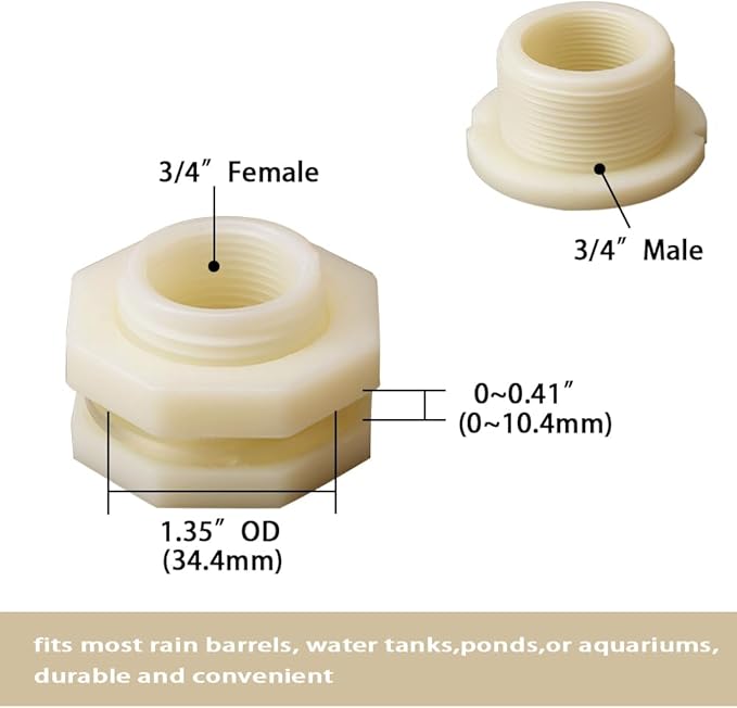 3/4 Female ABS Bulkhead Fitting, Plastic Water Tank Connector Adapter Fitting with Plugs for Outdoor rain Barrel Garden Hose Adapter Spigot kit Water Tank Gallon Drain Bucket(Set of 2)