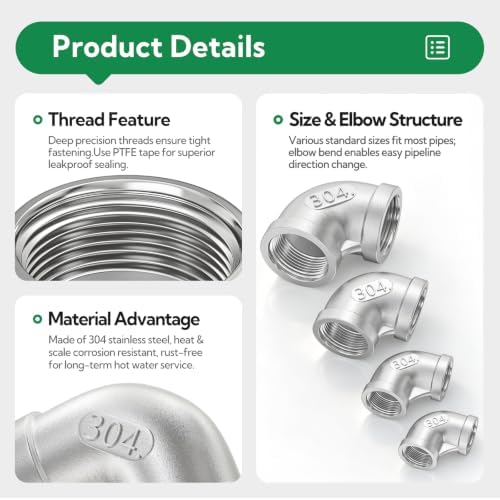 TAISHER 10PCS 304 Stainless Steel 90 Degree Elbow Fittings, 1"NPT Female