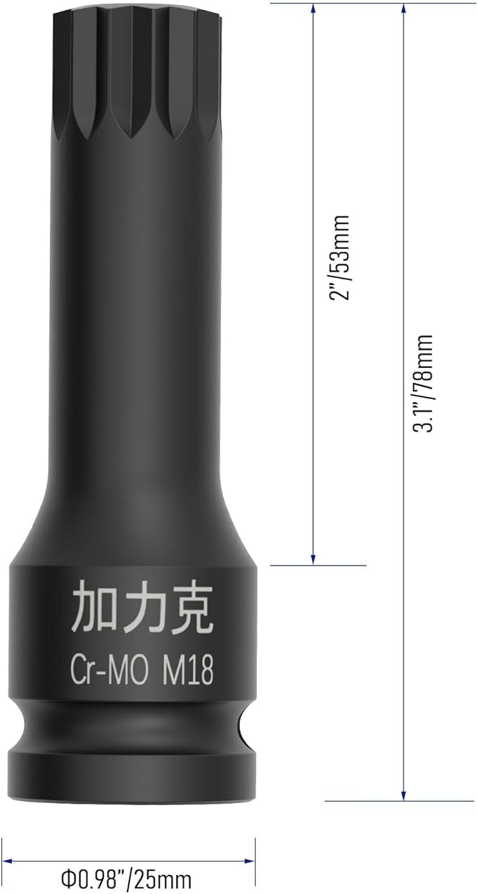 1/2-Inch Drive x M18(18mm) Impact XZN Triple Square Spline Bit Socket, Security Tamper Proof Metric Lengthen Screwdriver Socket Adapter, 3-Inch Length, One-Piece Construction, CR-MO, Black