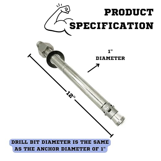 Wedge Anchors – Heavy-Duty 304 Stainless Steel Expansion Bolts for Concrete & Masonry, Rust-Resistant & Durable - 1" X 12" - 10 Pack