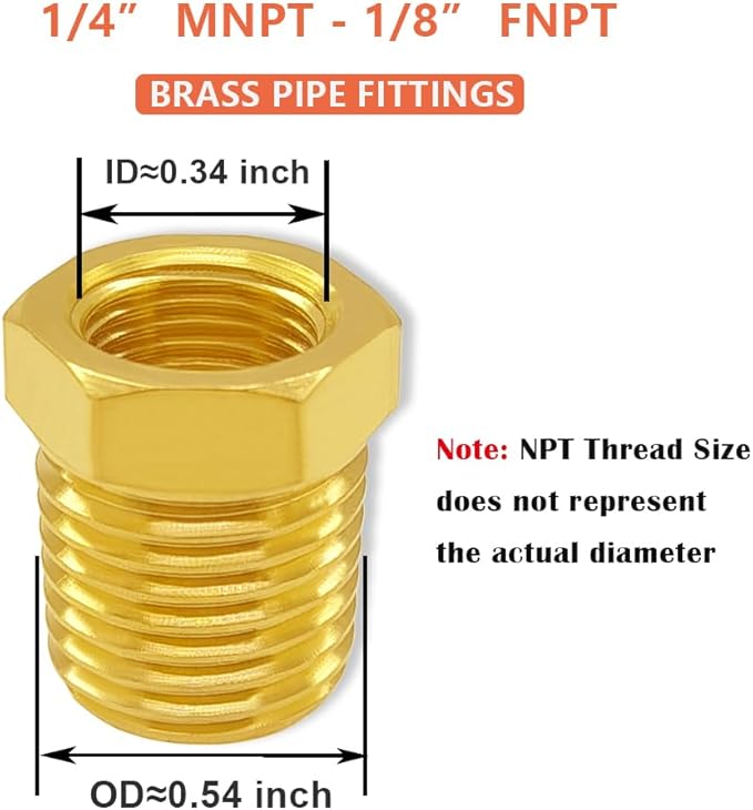 Hooshing 6PCS 1/4" NPT Male to 1/8" NPT Female Brass Reducer Hex Bushing Brass Fitting Pipe Tube Convert Adapter