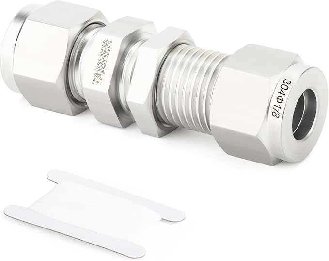 TAISHER 1PCS 304 Stainless Steel Thru-Bulk Bulkhead Compression Tube Pipe Fitting Connector, 1/8" Tube OD x 1/8" Tube OD Straight Adapter
