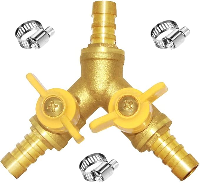 Joywayus Hose Barb Ball Valve 3/4" Hose Barb Y Shaped Type 3 Way with 2 Switch Brass Shut Off Ball Valve Fitting Include 3 Clamps