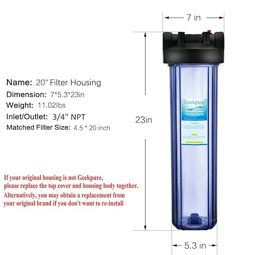 Geekpure 20 Inch Whole House Clear Water Filter Housing-Fit 4.5 x 20 Inch Filters-3/4 Port