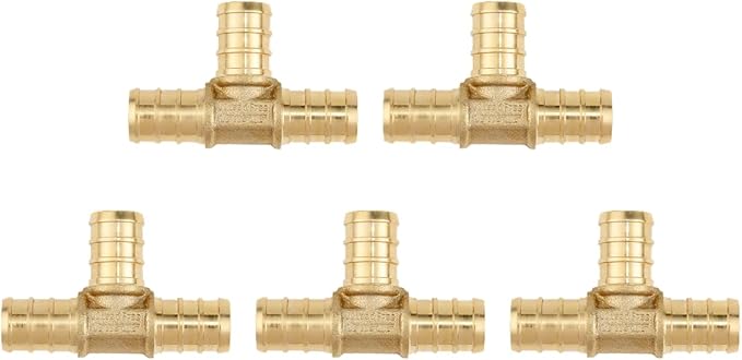 5 Pack Brass Pipe Fitting Tee, Anti-Corrosion, Lead-Free, 5 Year Warranty, Multiple Certifications, Easy Installation, 3/4" X 3/4" X 1/2" PEX, for Plumbers and Home DIY