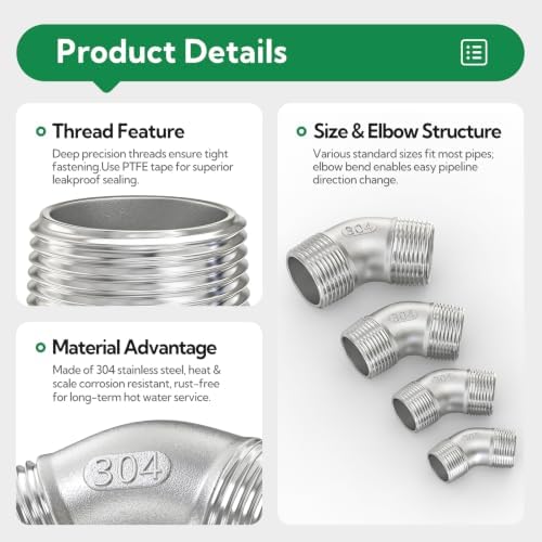 TAISHER 5PCS 304 Stainless Steel 45 Degree elbow,1/2” NPT Male Pipe Fitting