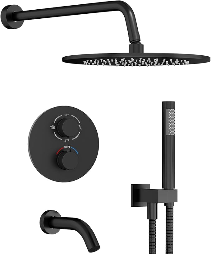 Gabrylly Thermostatic Shower System with Tub Spout, All Metal Bathtub Shower Faucets Set with Anti Scald Shower Valve, High Pressure 10" Rain Shower head with Handheld Spray Combo, Matte Black