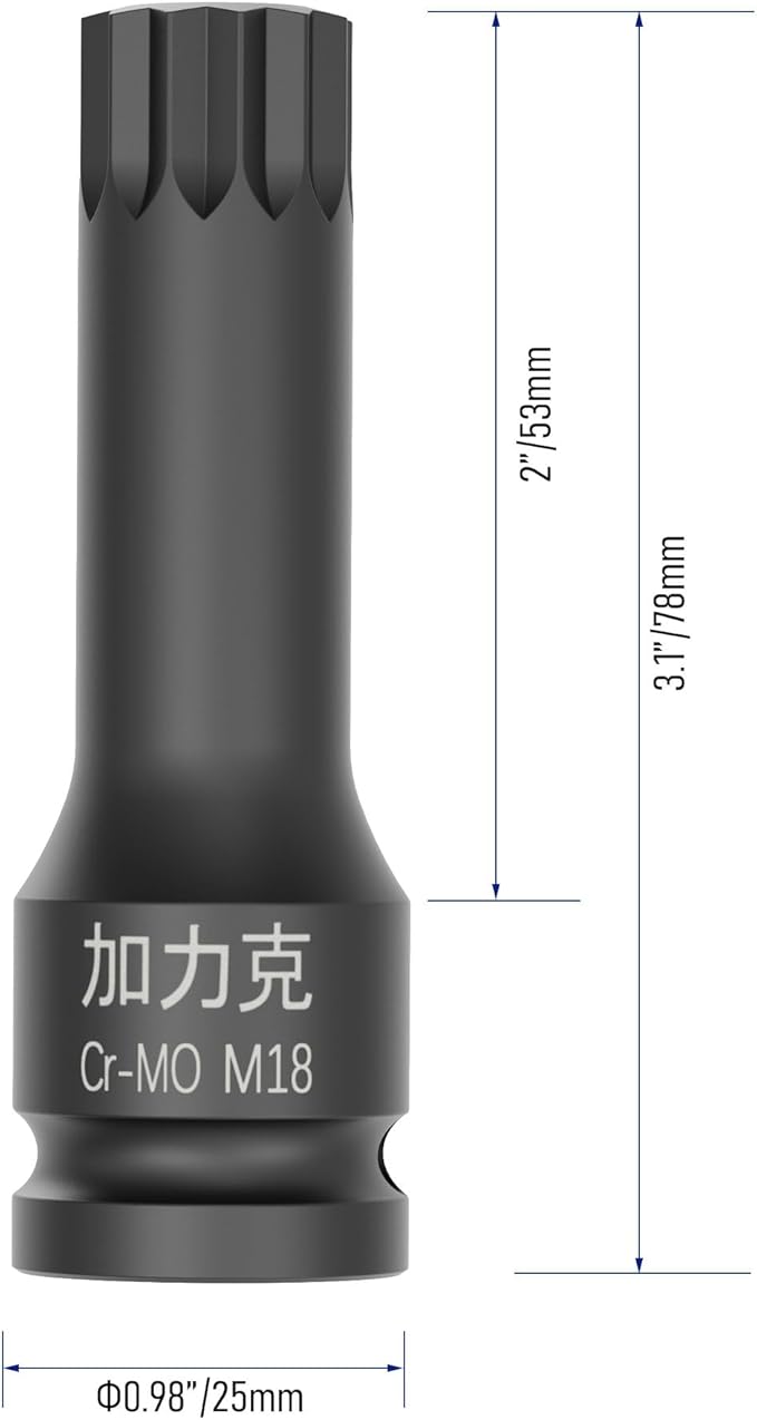 1/2-Inch Drive x M18(18mm） Impact XZN Triple Square Spline Bit Socket, Metric Lengthen Screwdriver Socket Adapter, 3-Inch Length, CR-MO Steel, One-Piece Construction, Black