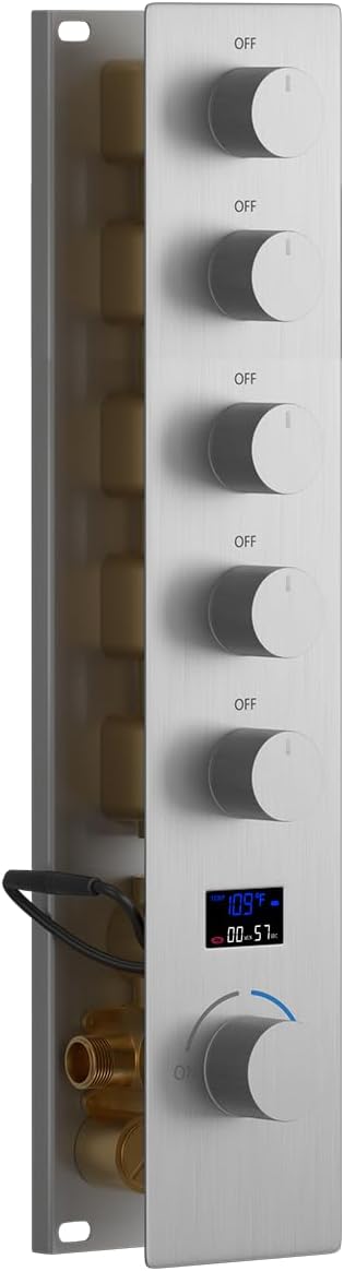 Shower Valve Concealed Shower Mixing Faucet with Temperature Display Function, Flow Control Brass Diverter Valve Kit, 5 Function Can Be Activated Simultaneously, Brushed Nickel
