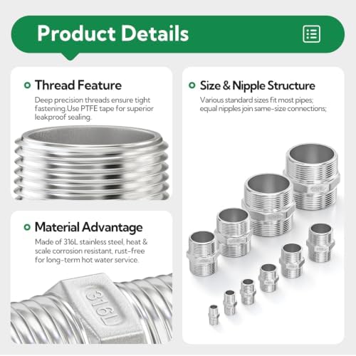 TAISHER 5PCS 316L Hex Nipple, Pipe Fitting 1/4" Male NPT