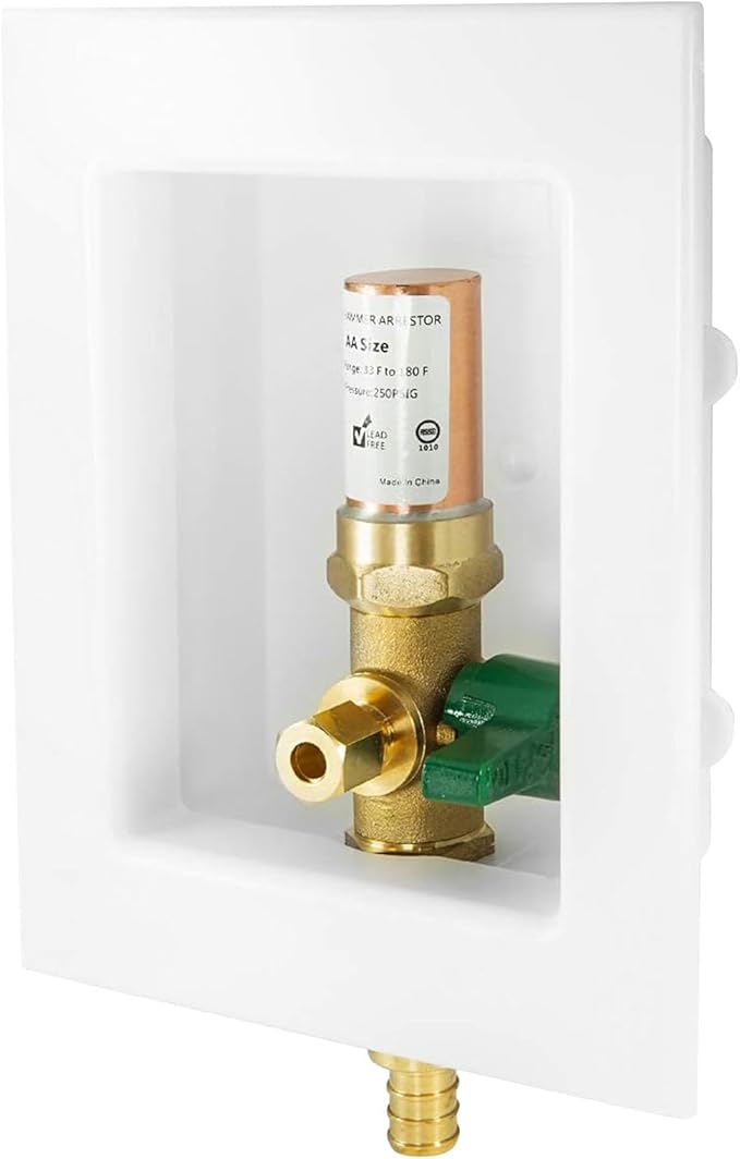 1-Pack Seelink Pre-Assembled Ice Maker Outlet Box, 1/2" PEX Crimp Inlet x 1/4" OD Compression Outlet, with Installed 1/4-Turn Ball Valve and Copper Hammer Arrestor
