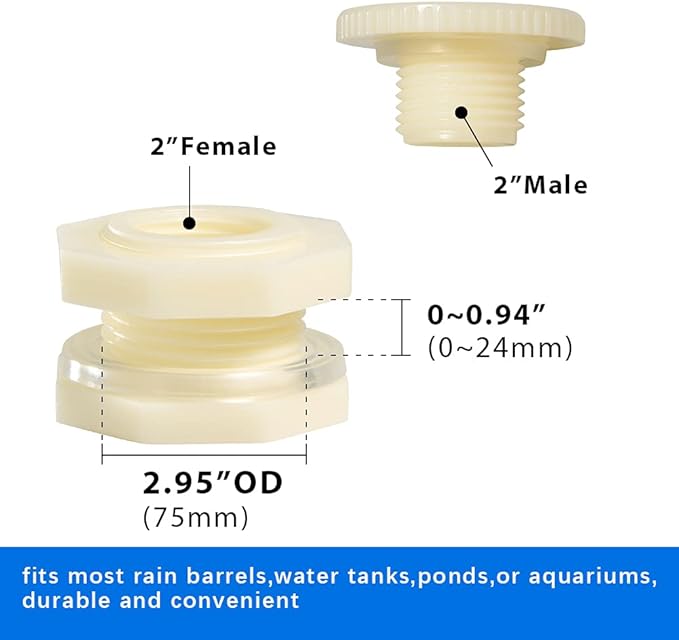 Quickun 2" ABS Bulkhead Water Tank Connector Adapter Fitting with Plugs Thru-Bulk Pipe Fitting (Set of 1)
