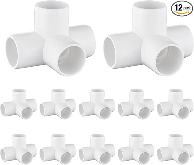 12-Pack 3/4" PVC Fittings 4 Way, Furniture Grade 3/4 Inch PVC Pipe Fittings 4 Way, UV Resistant, Fits SCH40 Pipe DIY Garden Shelves, Greenhouse, Shelf