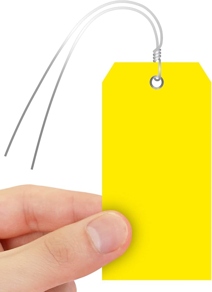 SmartSign Pack of 100 Yellow Plastic Tags with Wires, 4.75 x 2.375 inch, Metal Eyelet, 10 mil Tear-Proof Polylith Plastic Size 5, Writable