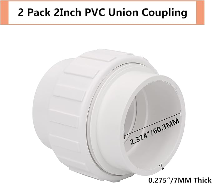 2 Pack 2" PVC Union Coupling Pipe Fitting (Socket x Socket) 2 Inch PVC Slip Union PVC Adapter Coupling Schedule 40, EPDM O-Ring, White
