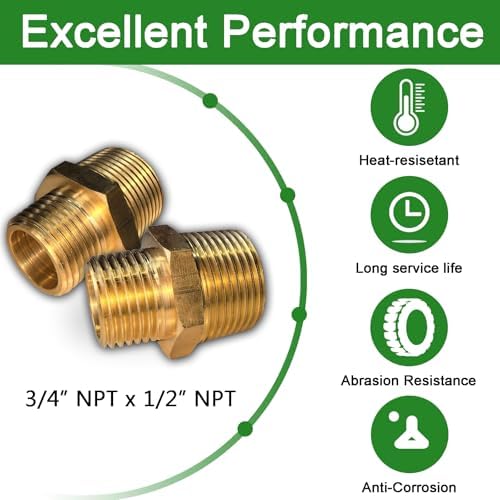 4pcs 3/4" NPT x 1/2" NPT Brass Nipple, 3/4 to 1/2 Adapter Fitting Reducing Solid Hex Nipple, Brass 3/4 Male to 1/2 Male Reducer Pipe Fittings for Extending and Connecting Pipes