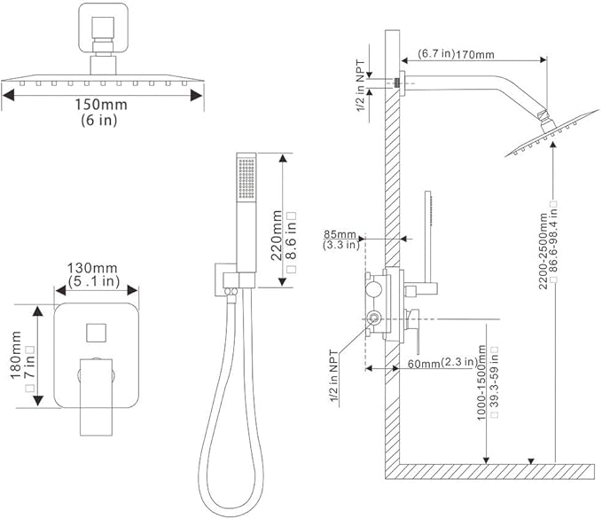 Shower System Polished Chrome Bathroom Rainfall Shower Faucet Set Complete Wall Mounted 6 Inch Shower Head and Handle Set with Rough-in Valve Body and Trim Kit