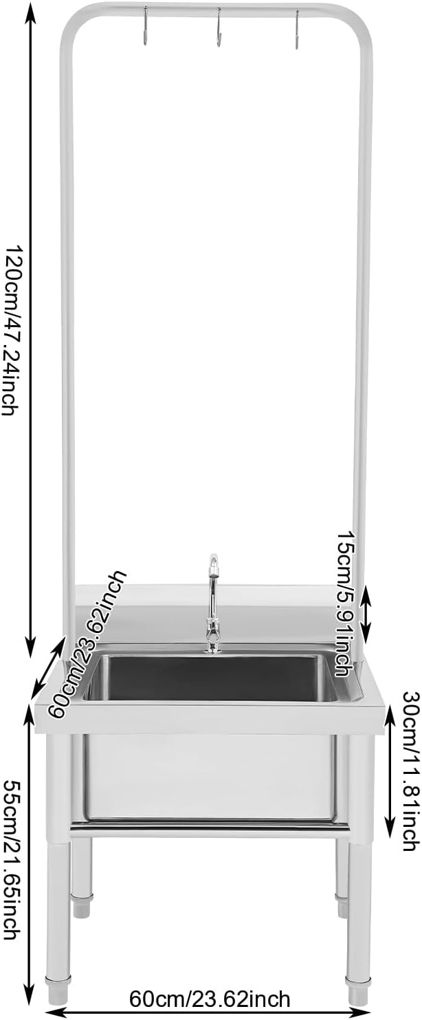 Stainless Steel Floor Mop Sink with Hanging Rod & Hooks Mop Commercial Mop Sink with Faucet & Drain Filter for Restaurant, Garages, 23.6x23.6x68.9in