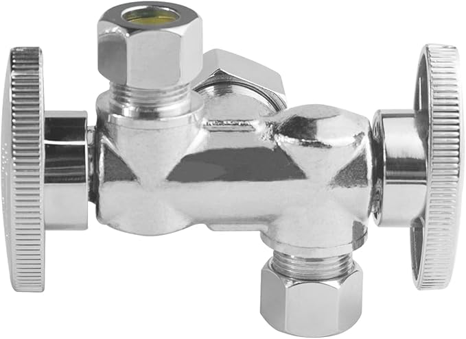 WiseWater Dual Shut Off Valve 5/8" O.D Comp x 3/8" O.D Comp x 3/8" O.D Comp Water Shut Off Valve, 1/4 Turn Double Angle Stop Valve for Refrigerator, Ice Maker, Coffee Brewers, Water Filters (1 Pack)