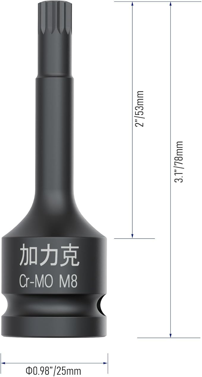 1/2-Inch Drive x M8(8mm） Impact XZN Triple Square Spline Bit Socket, Metric Lengthen Screwdriver Socket Adapter, 3-Inch Length, CR-MO Steel, One-Piece Construction, Black