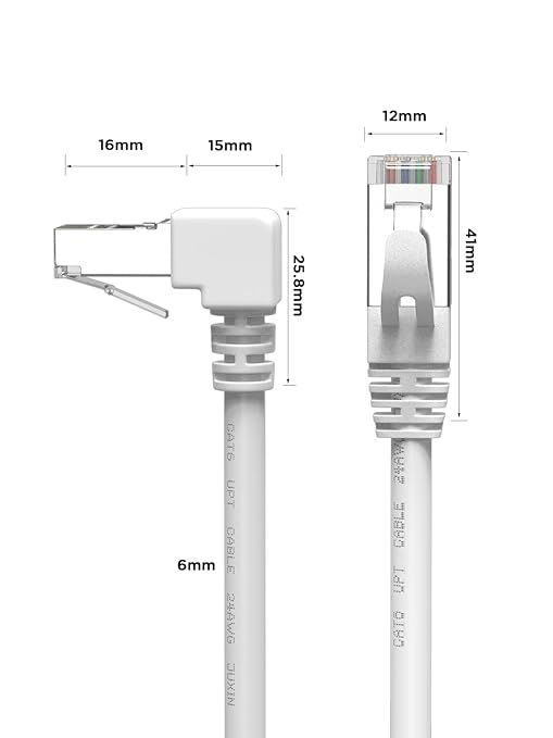 90 Degree Ethernet Patch Internet Cable 6 Foot, White Cat6 Ethernet Cable Right Angle Upward Angle, Cat 6 LAN Network Cable, for PC, Router, Modem, Xbox, PS4, PS3-6FT